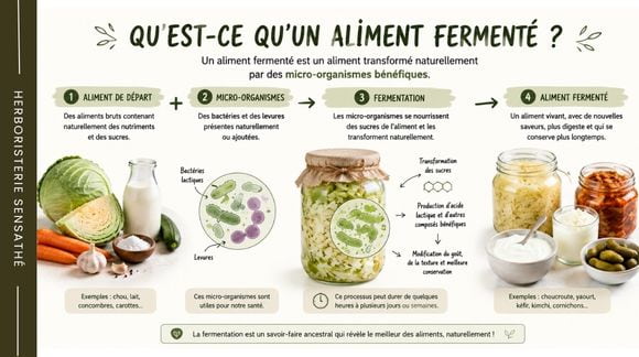 Aliments fermentés et probiotiques naturels  illustration du processus de fermentation par les bactéries et les levures - Herboristerie Sensathé